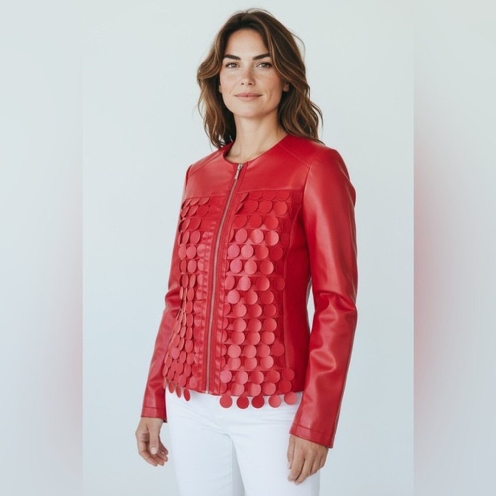 Linea Domani Red Faux Leather Jacket Size 4 | Textured Disc Detail Zip-Up